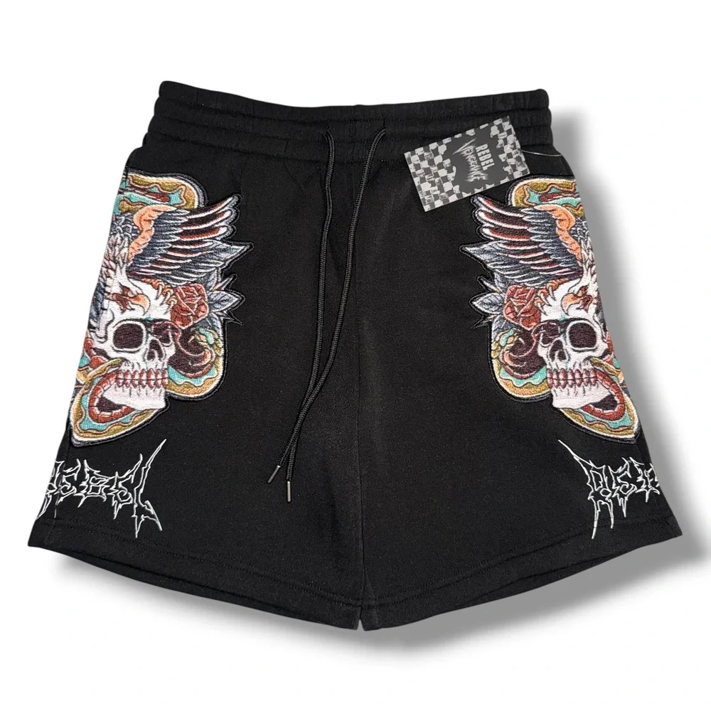 Rebel Vengeance Sweat Shorts Mens Medium Black‎ Embroidered Skull Eagle Gothic